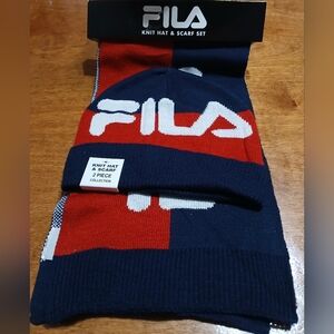 Red & Navy Blue Knit Beanie Hat and Scarf Set-Collection with White Logo Letters